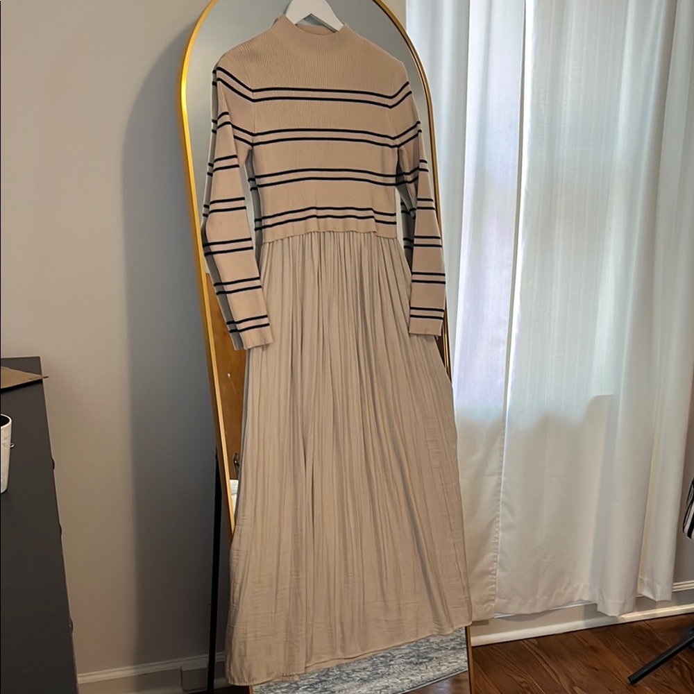 Striped Beige and Black Long Sleeve Dress